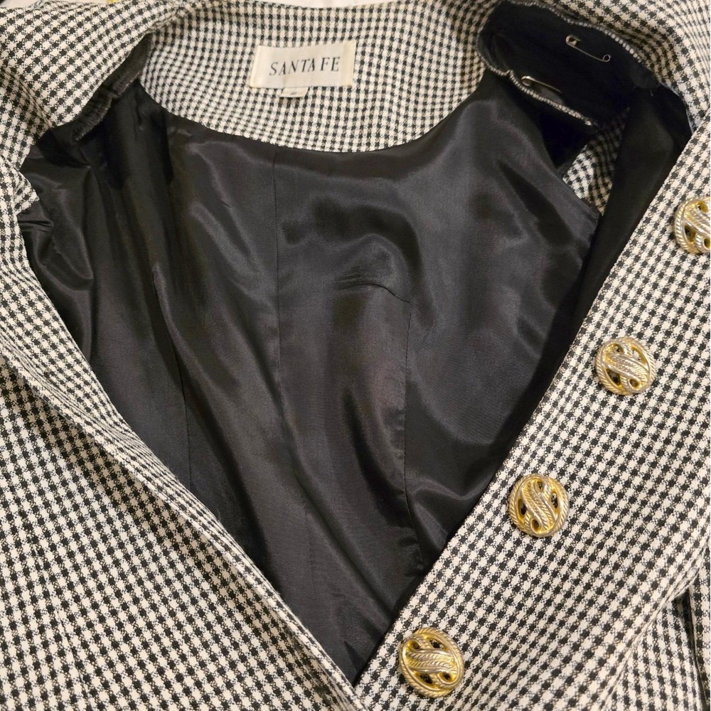 Vtg 90s SANTA FE Houndstooth Coat Dress 2 Midi Longline Blazer Gold Crest Button - Picture 7 of 10